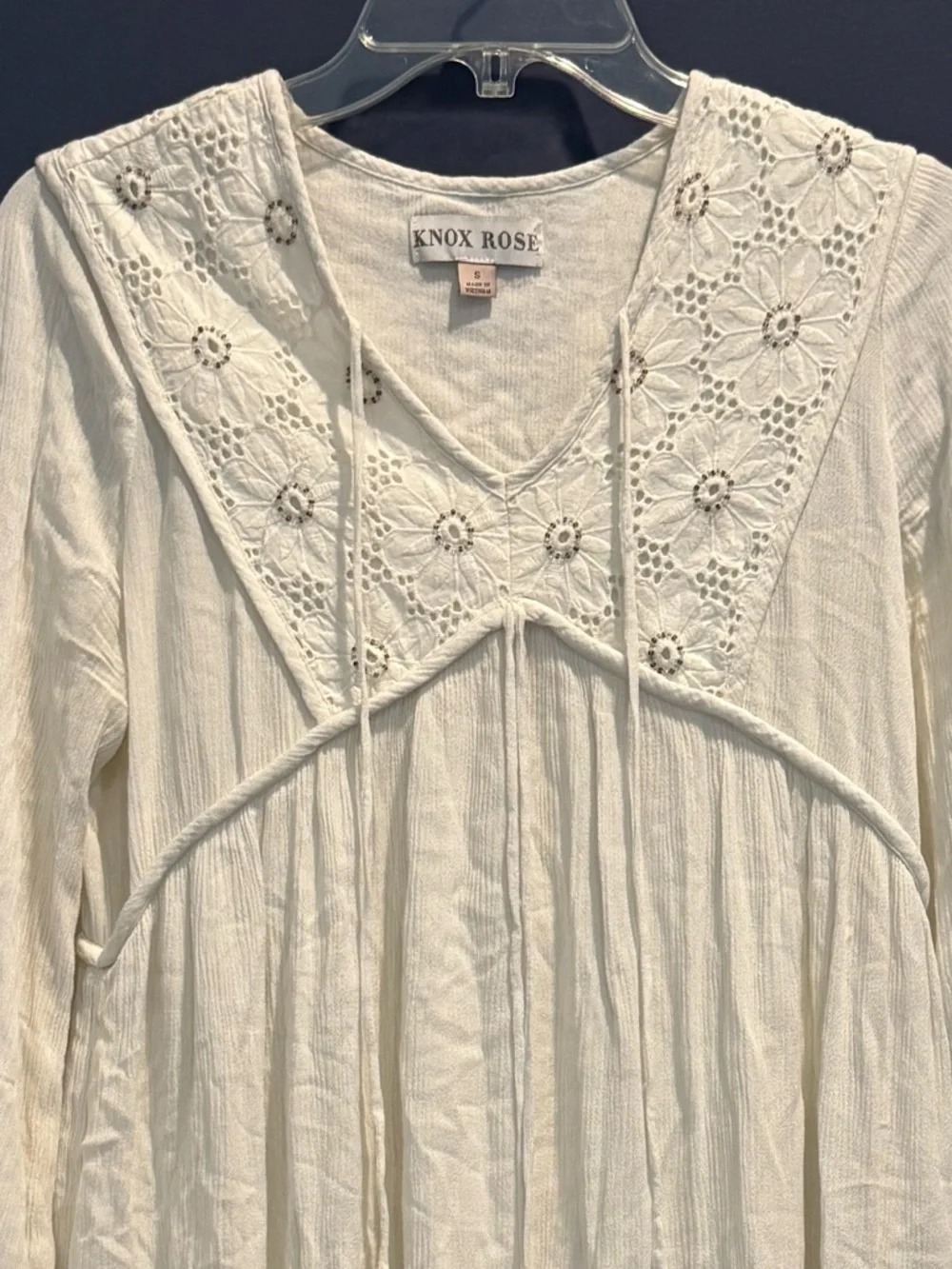 Knox Rose Ivory Crochet-Trim Long Sleeve Tiered  Boho Dress Size S - Picture 2 of 14